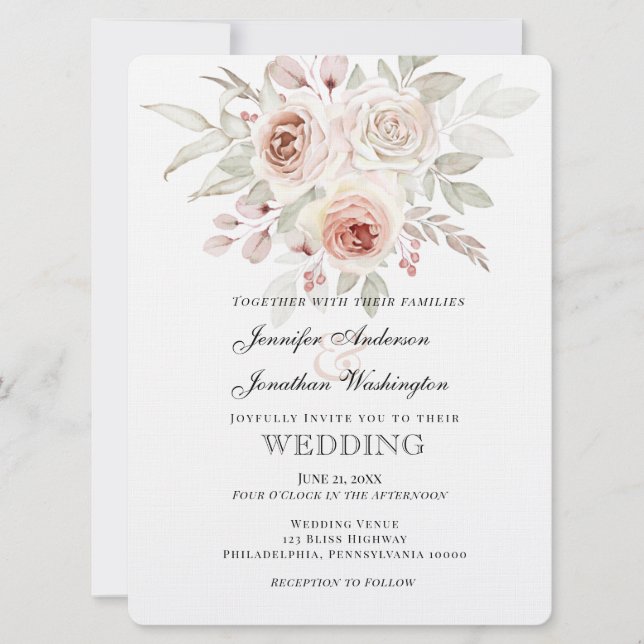 Invitation Rose romantique rose doux sur Mariage blanc (Devant)