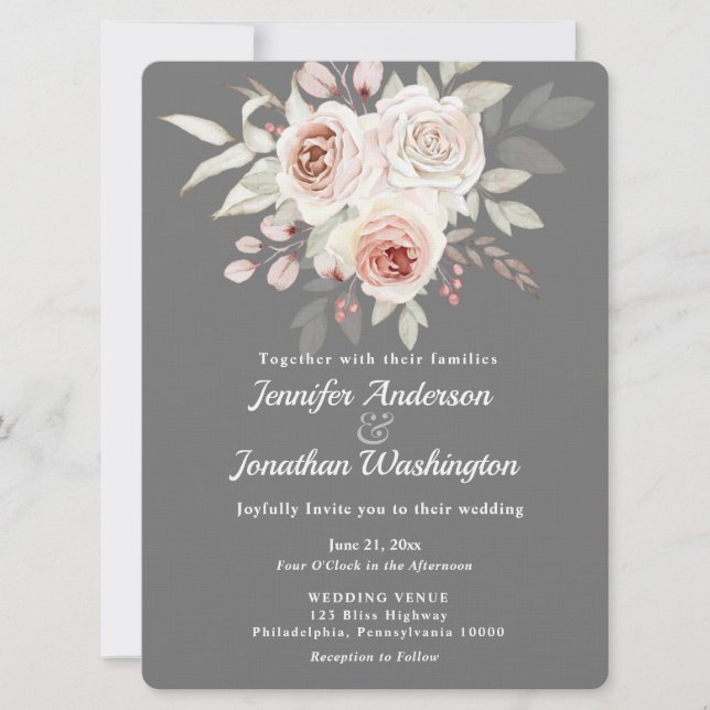 Invitation Rose romantique rose doux sur Mariage gris (Devant)
