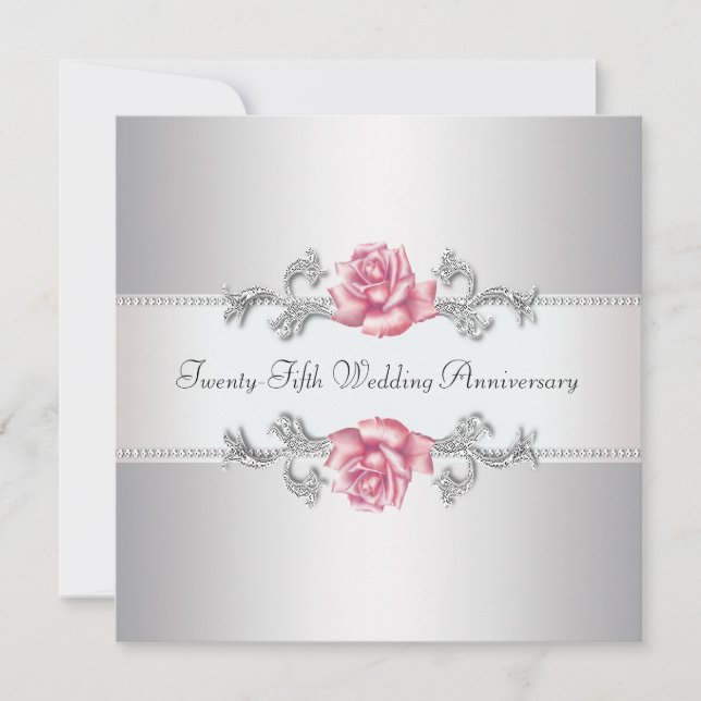 Invitation Rose rose argent 25e anniversaire de mariage (Devant)