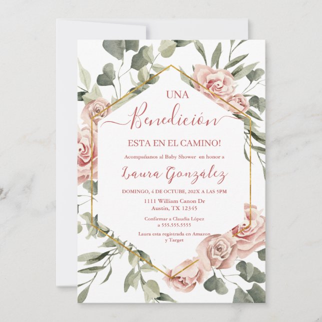 Invitation Rose rose baby shower fille en espagnol (Devant)