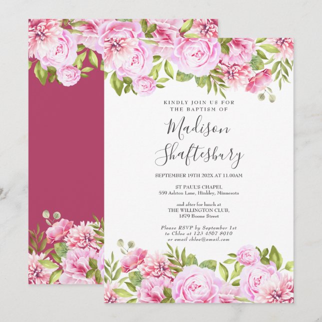 Invitation Rose rose baptism floral baptême (Devant / Derrière)