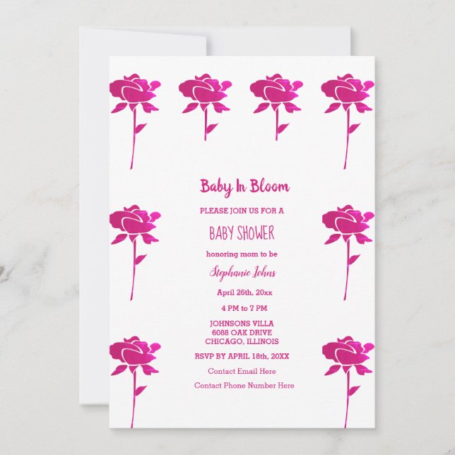 Invitation Rose Rose Bébé En Fleur Baby shower Fille 2024 (Devant)