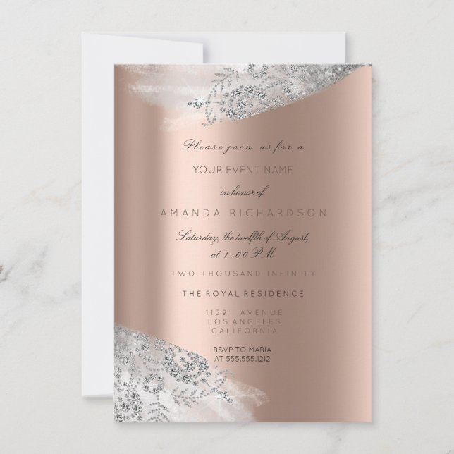Invitation Rose rose blanc 16e mariage gris argenté (Devant)