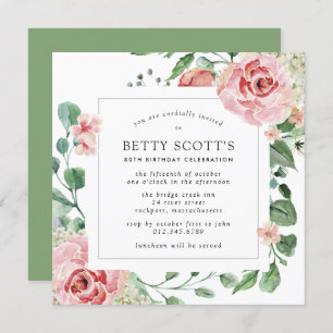 Invitation Rose Rose Blanc Hydrangea fête de 80e anniversaire