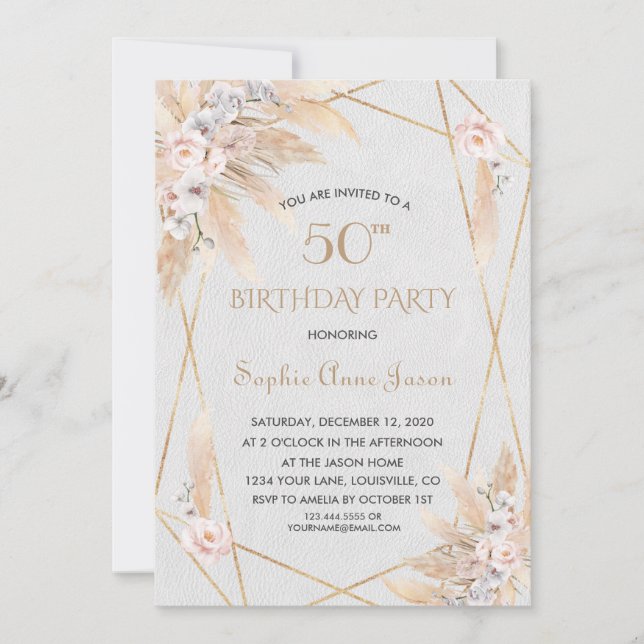 Invitation Rose rose blanc Orchidée Pampas Herbe 50e annivers (Devant)
