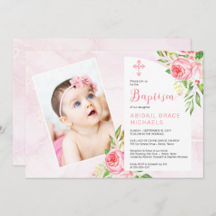 Invitation Rose Rose Blooms Fille Bébé Photo Baptême