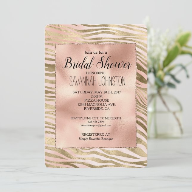 Invitation Rose Rose Blush Gold Zebra Fête des mariées animal (Debout devant)