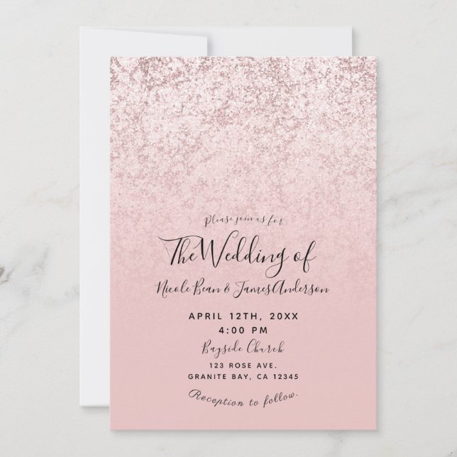 Invitation Rose rose Blush or Parties scintillant Mariage de  (Devant)