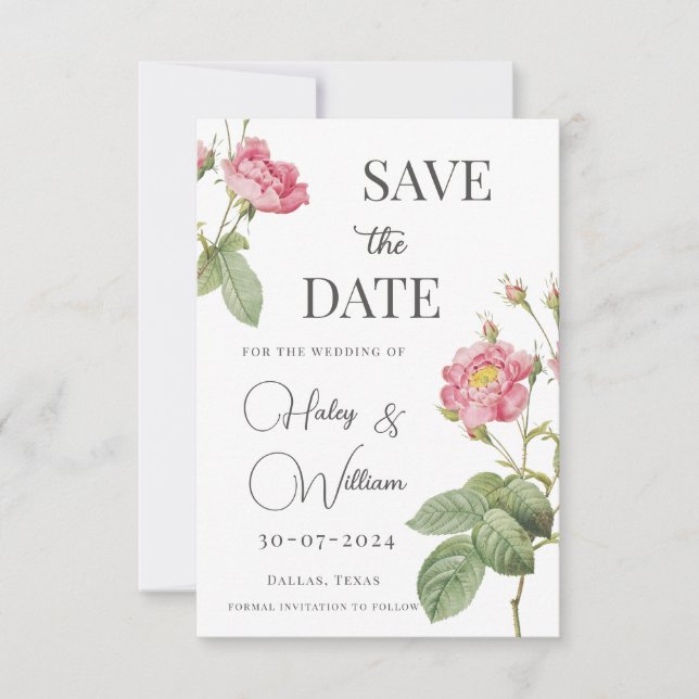Invitation Rose Rose Botanique Floral Chic Enregistrer la Dat (Devant)