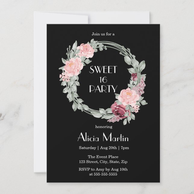Invitation Rose rose Bourgogne Élégante Flora Sweet 16 Annive (Devant)