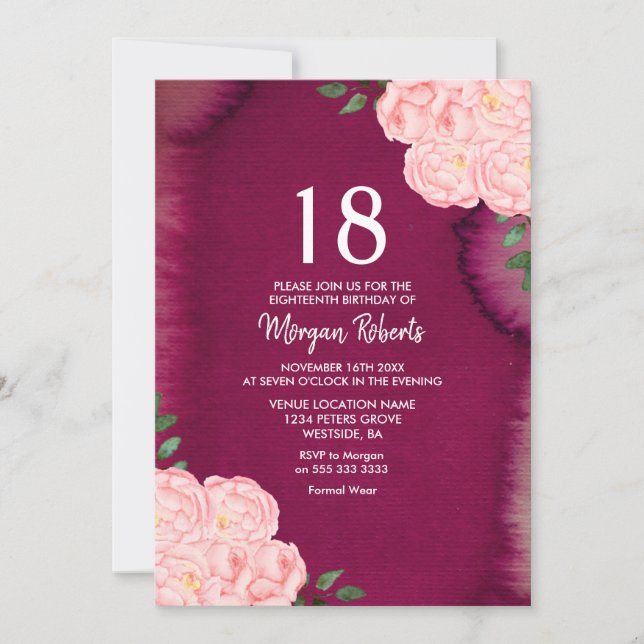 Invitation Rose rose Bourgogne violet 18e anniversaire Invita (Devant)