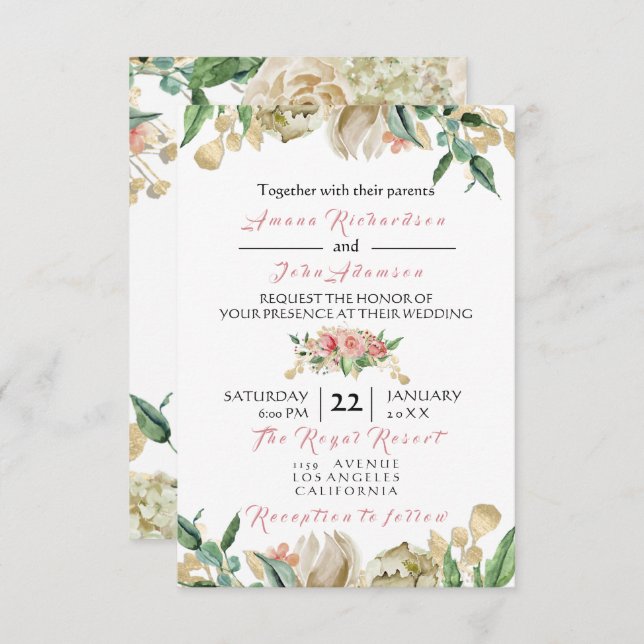 Invitation Rose rose Champaigne Or Floral Rose Mariage (Devant / Derrière)