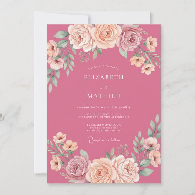 Invitation Rose Rose Charmant Mariage Romantique (Devant)