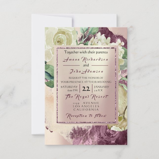 Invitation Rose rose crème Marsala Floral Blush Mariage (Devant)