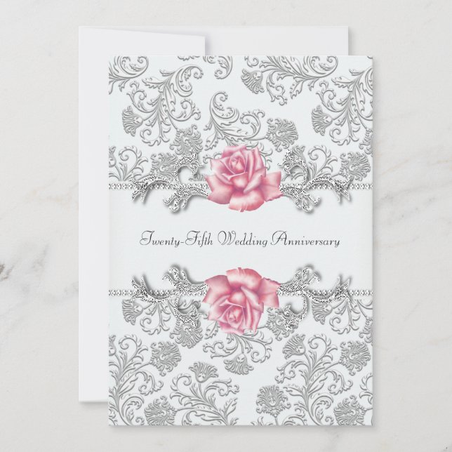 Invitation Rose rose damask argent 25e anniversaire de mariag (Devant)