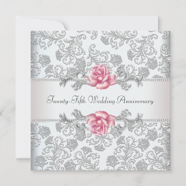 Invitation Rose rose Damask Argent 25e anniversaire Mariage (Devant)