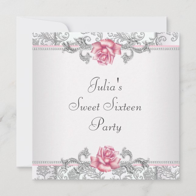 Invitation Rose rose Damask Joli Rose Sweet sixteen Party (Devant)