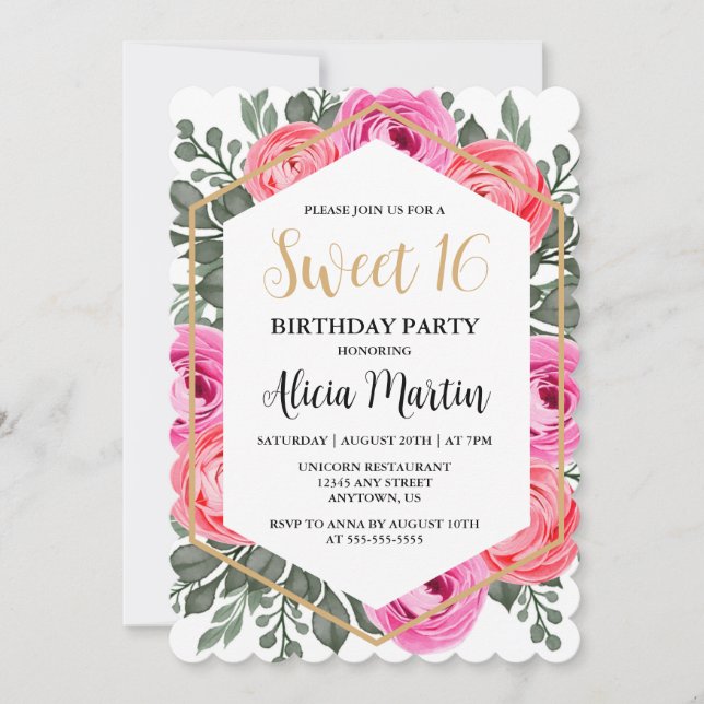 Invitation Rose rose Duisâtre Vert Flora Sweet 16 (Devant)