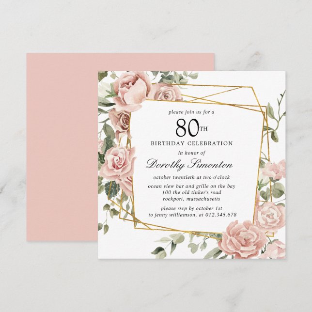 Invitation Rose rose Dusty Floral 80e anniversaire (Devant / Derrière)