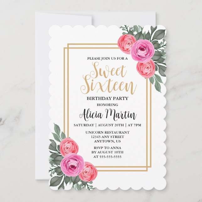 Invitation Rose rose Dusty Verdure Botanique Or Sweet 16 (Devant)