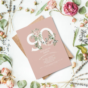 Invitation Rose rose Elégante 90ème Blush Anniversaire