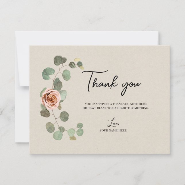 Invitation Rose rose et cœur d'eucalyptus Merci rustique (Devant)