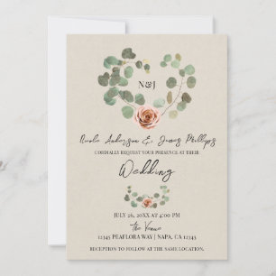 Invitation Rose rose et Eucalyptus Coeur Rustique Mariage