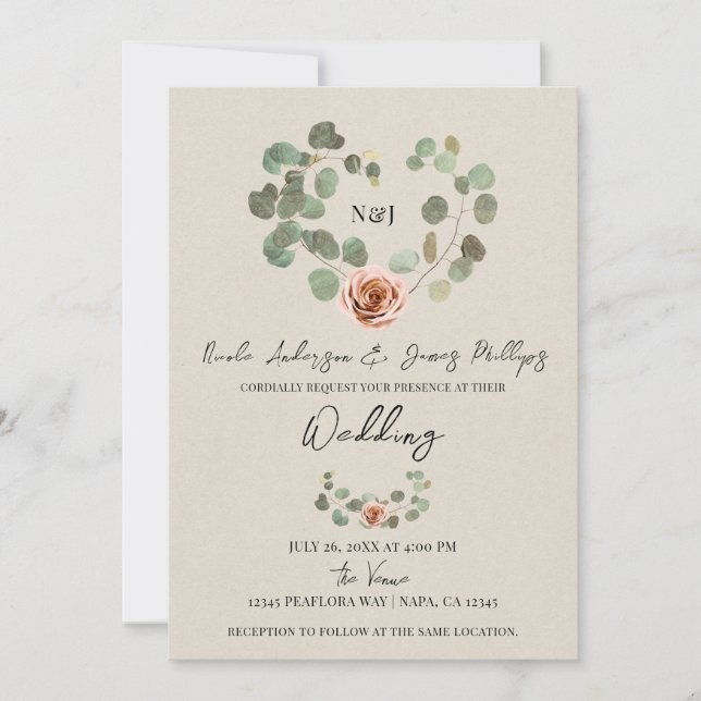 Invitation Rose rose et Eucalyptus Coeur Rustique Mariage (Devant)
