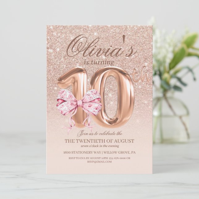 Invitation Rose Rose et Gold Bow 10e fête d'anniversaire (Debout devant)