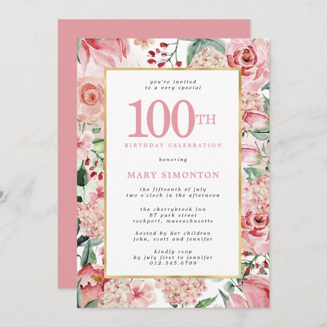 Invitation Rose rose et Hydrangea Floral 100e anniversaire (Devant / Derrière)