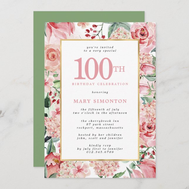 Invitation Rose rose et Hydrangea Floral 100e anniversaire (Devant / Derrière)