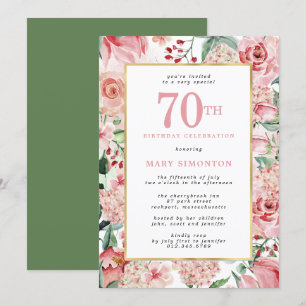 Invitation Rose rose et Hydrangea Floral 70e anniversaire