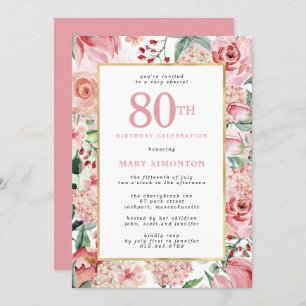 Invitation Rose rose et Hydrangea Floral 80e anniversaire