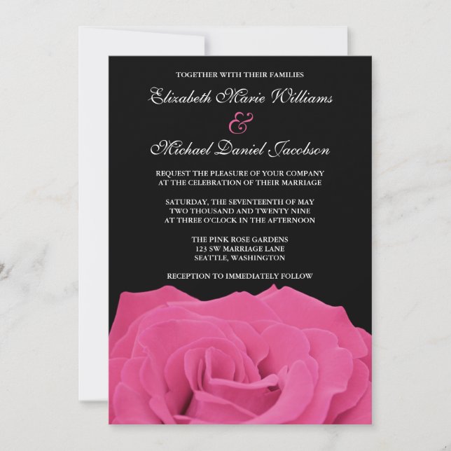 Invitation Rose rose et mariage noir (Devant)