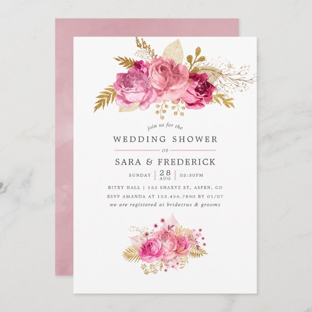 Invitation Rose rose et or Aquarelle Wedding shower invitatio (Devant / Derrière)