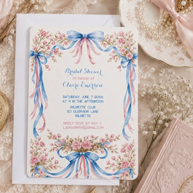 Invitation Rose rose et rubans bleus vintage (Créateur téléchargé)