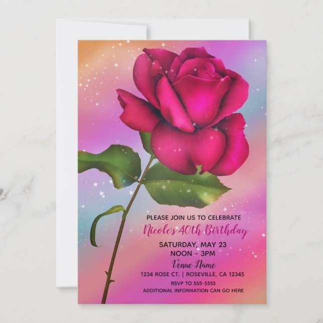 Invitation Rose rose étincelle Rainbow Pastel fête d'annivers (Devant)