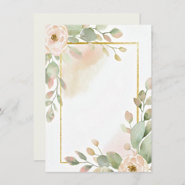 Invitation Rose rose, eucalyptus et or cadre blanc mariage (Devant / Derrière)