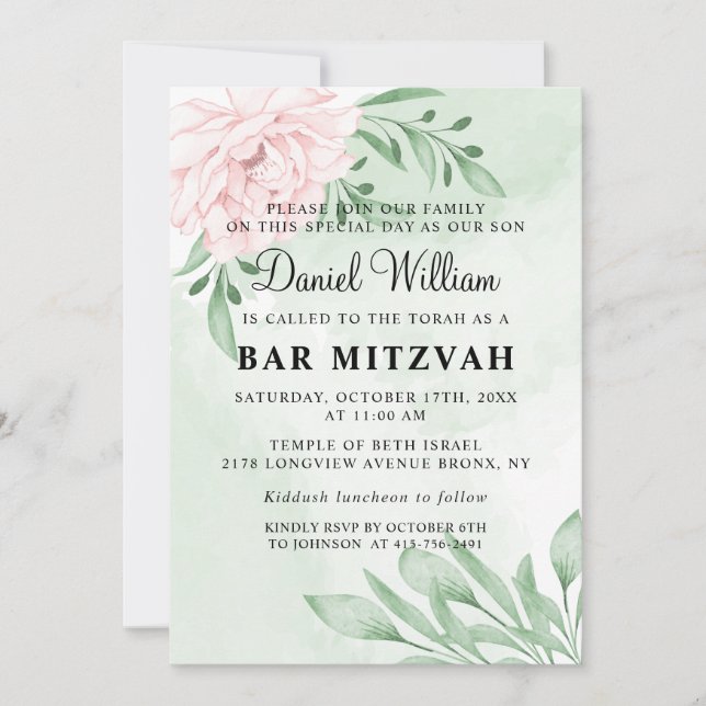 Invitation Rose rose Eucalyptus Succulent Foliage Bar Mitzvah (Devant)