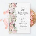 Invitation Rose rose féminin Floral 21e fête d'anniversaire<br><div class="desc">Une magnifique invitation à fêter un 21ème anniversaire dans un style élégant,  cette irrésistible décoration florale est bordée de roses charmantes,  de fleurs mixtes et de verdure à la traîne. Tout le texte peut être personnalisé pour vos informations de fête,  y compris l'invité de l'âge d'honneur.</div>
