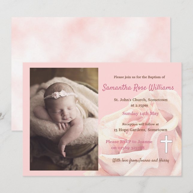 Invitation Rose rose fille photo Baptême (Devant / Derrière)