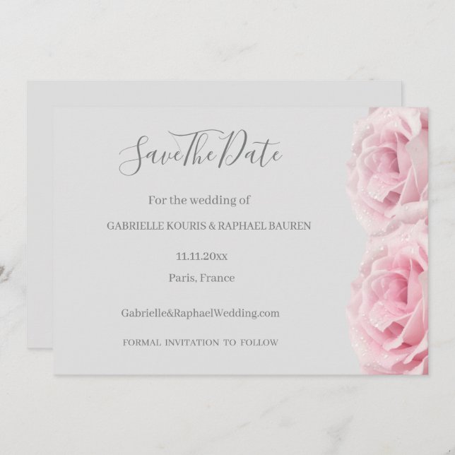 Invitation Rose Rose Fleur Gris Floral Enregistrer La Date Ma (Devant / Derrière)