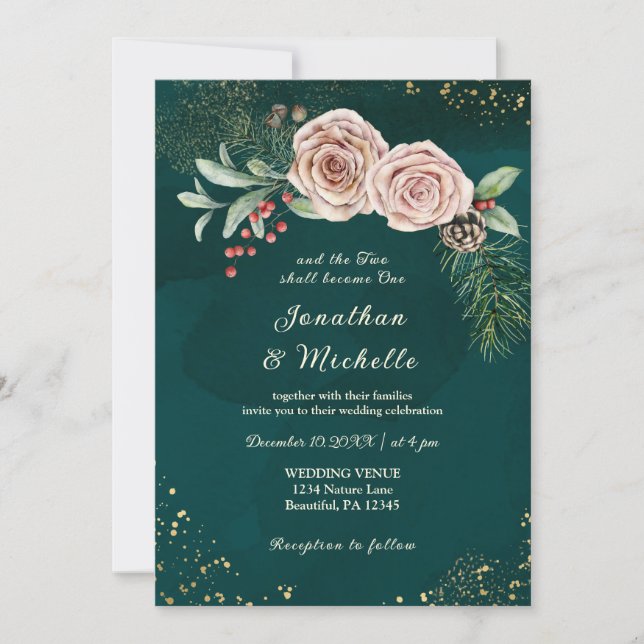 Invitation Rose rose fleurs sur Mariage chrétien vert (Devant)