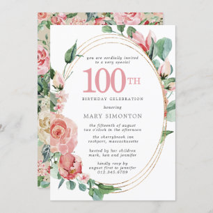 Invitation Rose rose Floral 100e fête d'anniversaire