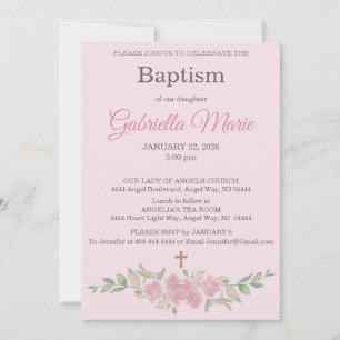 Invitation Rose rose floral aquarelle croix baptême