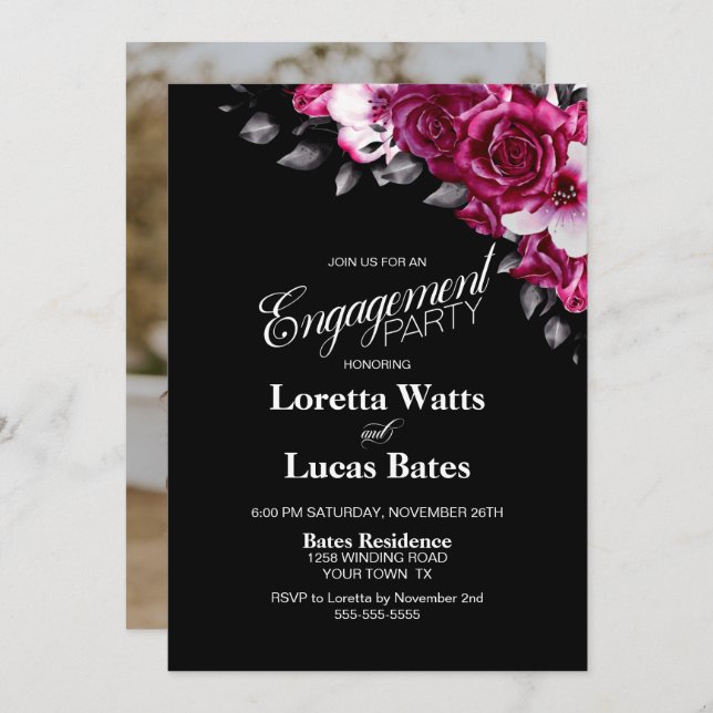 Invitation Rose rose Floral Black Engagement Party Photo (Devant / Derrière)