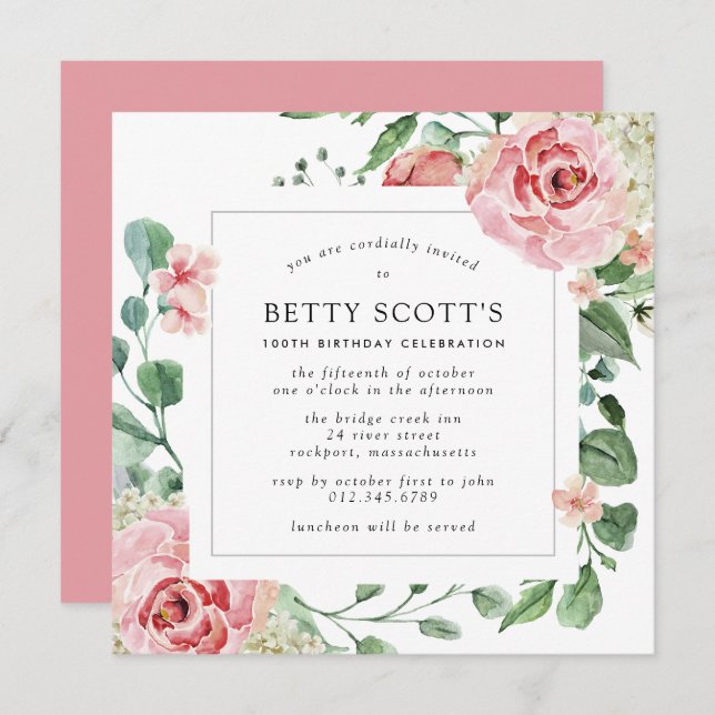 Invitation Rose rose Floral Botanique 100e fête d'anniversair (Devant / Derrière)