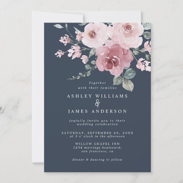 Invitation Rose rose floral Bourgogne bleu foncé (Devant)