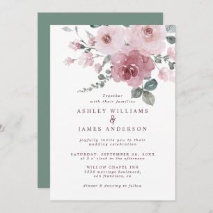 Invitation Rose rose floral Bourgogne Dusty Mariage vert