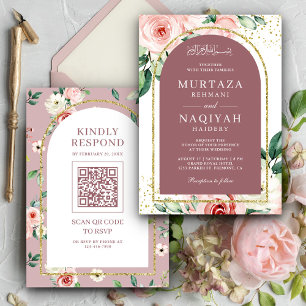 Invitation Rose rose floral Dusty Arch QR Code Mariage musulm